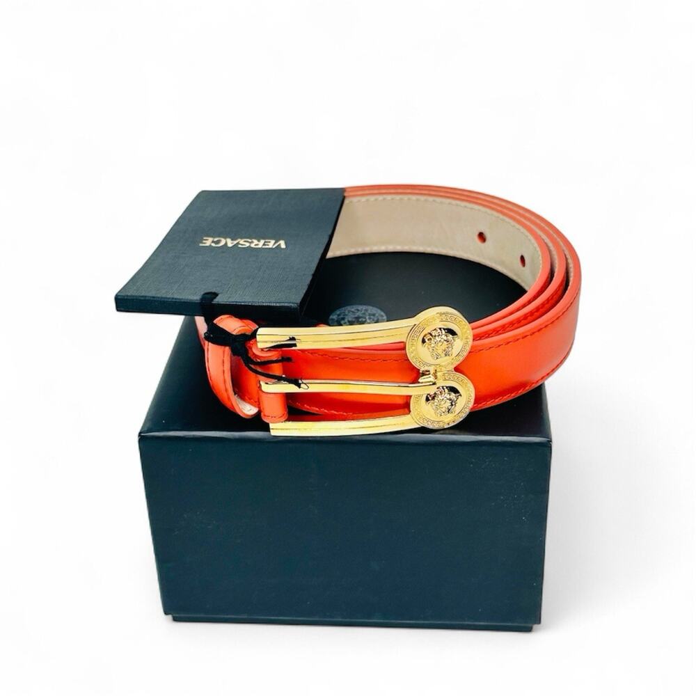 NIB Versace Belt Size 105cm 42” Medusa Orange Leather $500